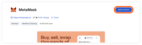 Chrome Web Store listing for MetaMask with Add to Chrome circled.