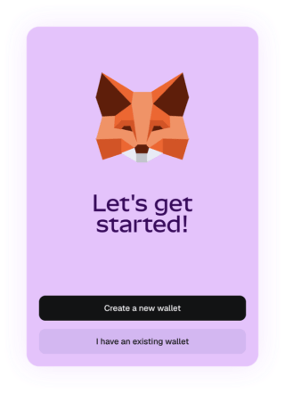 MetaMask Lets get started screen with Create a new wallet option