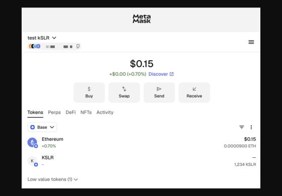 MetaMask displaying a kSLR token balance on the Base network