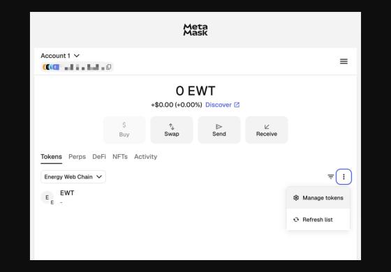 MetaMask token menu with the import tokens option