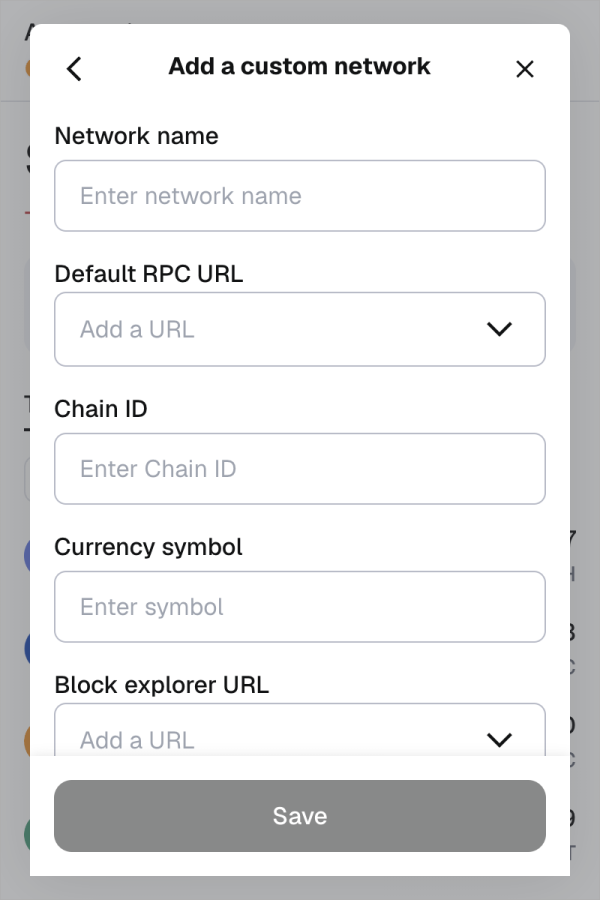 MetaMask Add a custom network form.