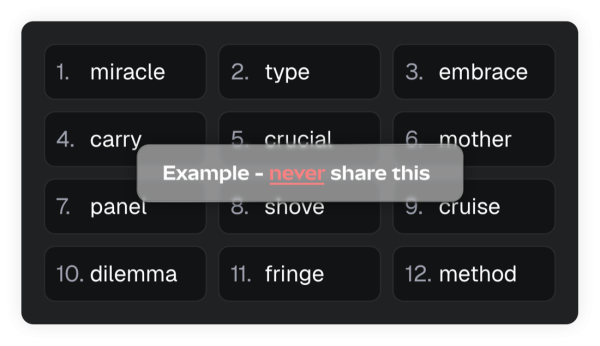 A MetaMask 12-word recovery phrase grid shown as an example only.