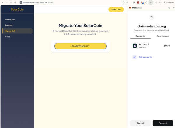 The SolarCoin portal Migrate SLR page with Connect Wallet and the MetaMask connect window.